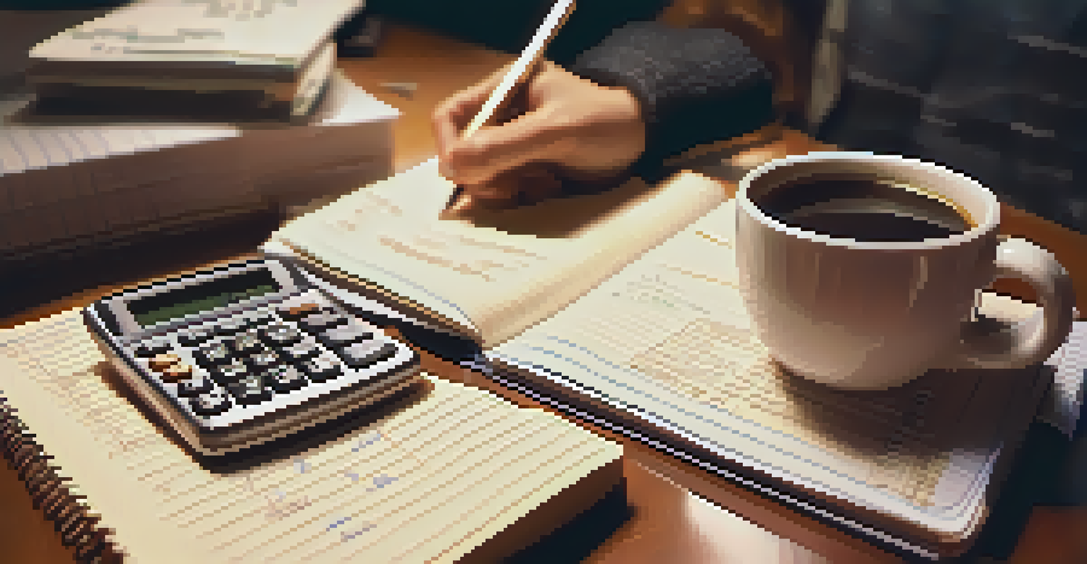 A close-up of a hand writing financial notes in a notebook, with a calculator and receipts on a desk.