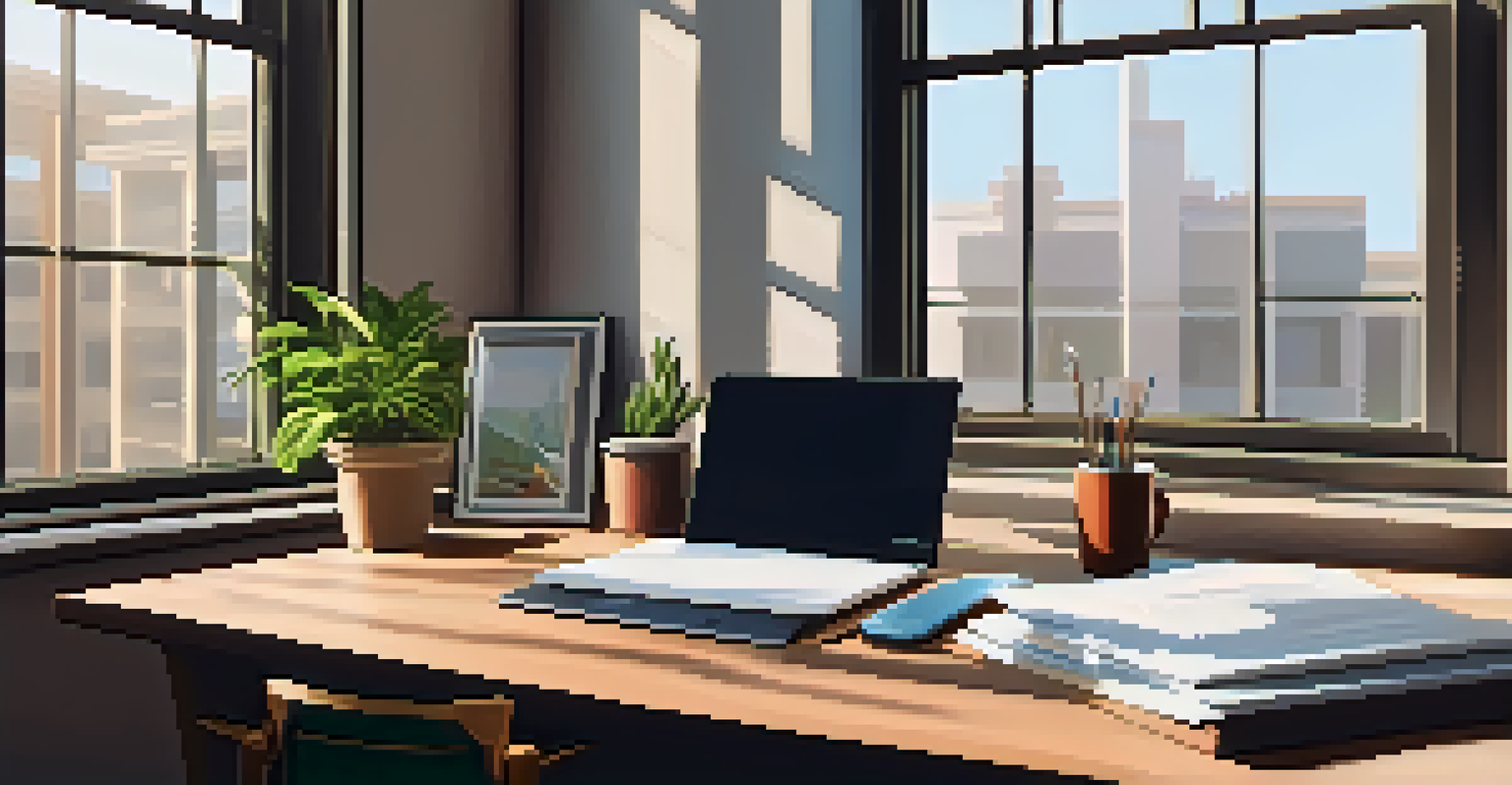 An office space featuring a wooden desk with organized paperwork, a laptop, and a potted plant, illuminated by soft morning light.