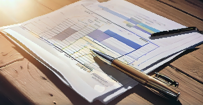 A close-up view of a financial document showing graphs and charts on a wooden desk, with sunlight illuminating the scene and a pen and glasses placed beside it.