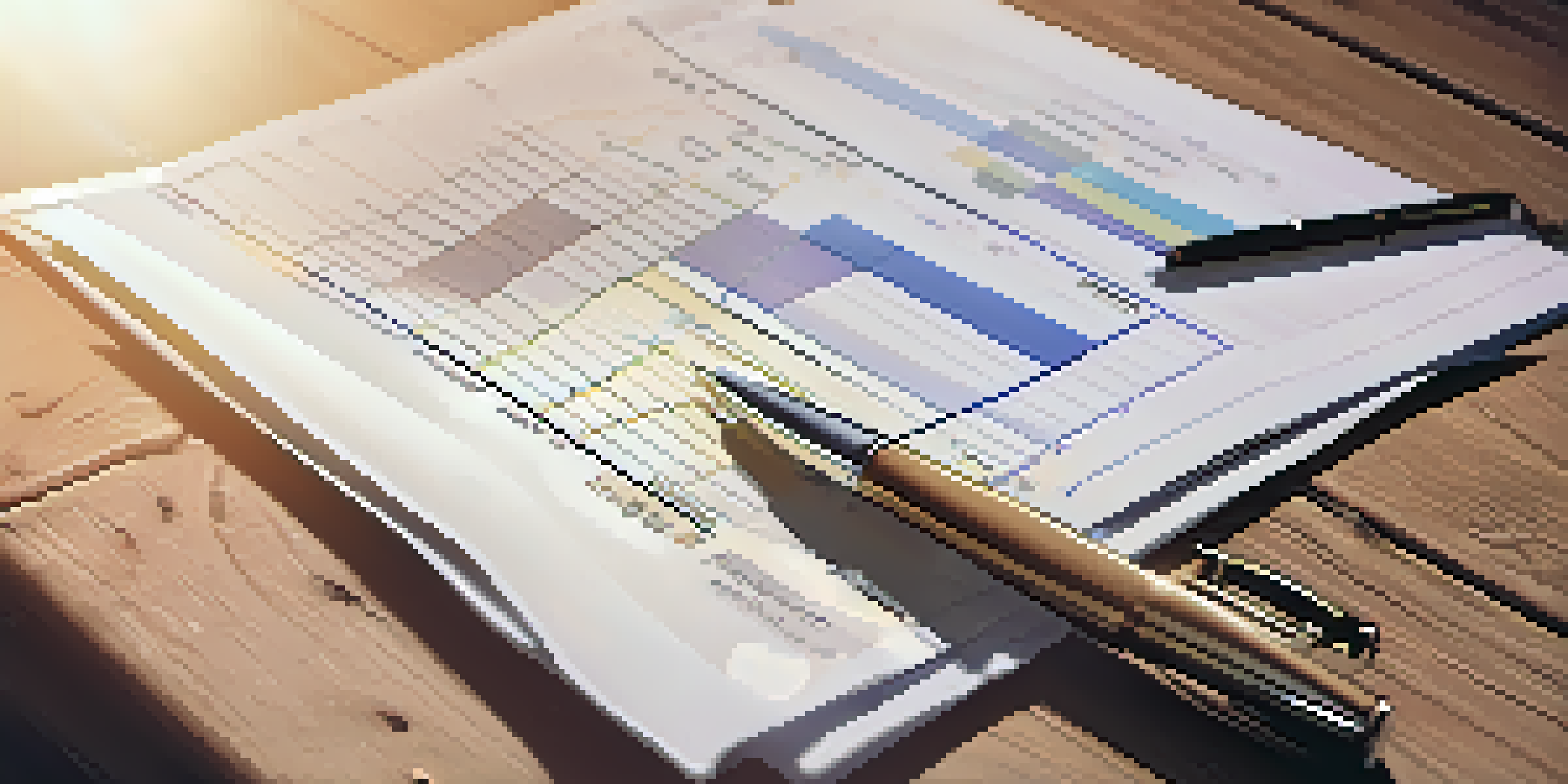 A close-up view of a financial document showing graphs and charts on a wooden desk, with sunlight illuminating the scene and a pen and glasses placed beside it.