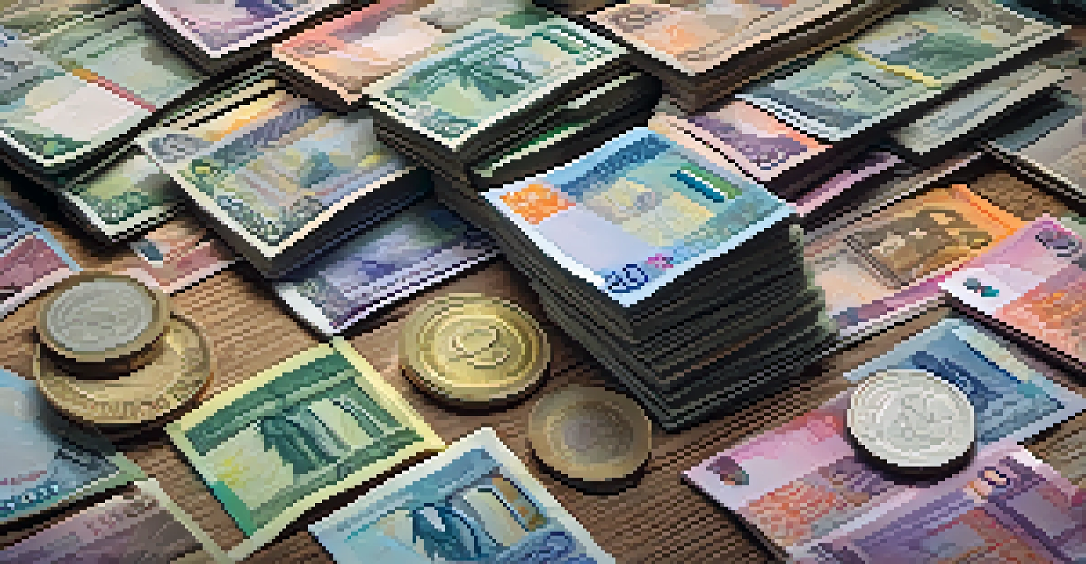 A detailed view of various international currencies arranged on a wooden surface, with a blurred background.