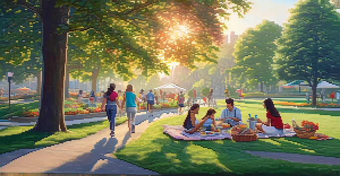 A serene urban park at sunrise with people picnicking, jogging, and painting, surrounded by trees and flowers.