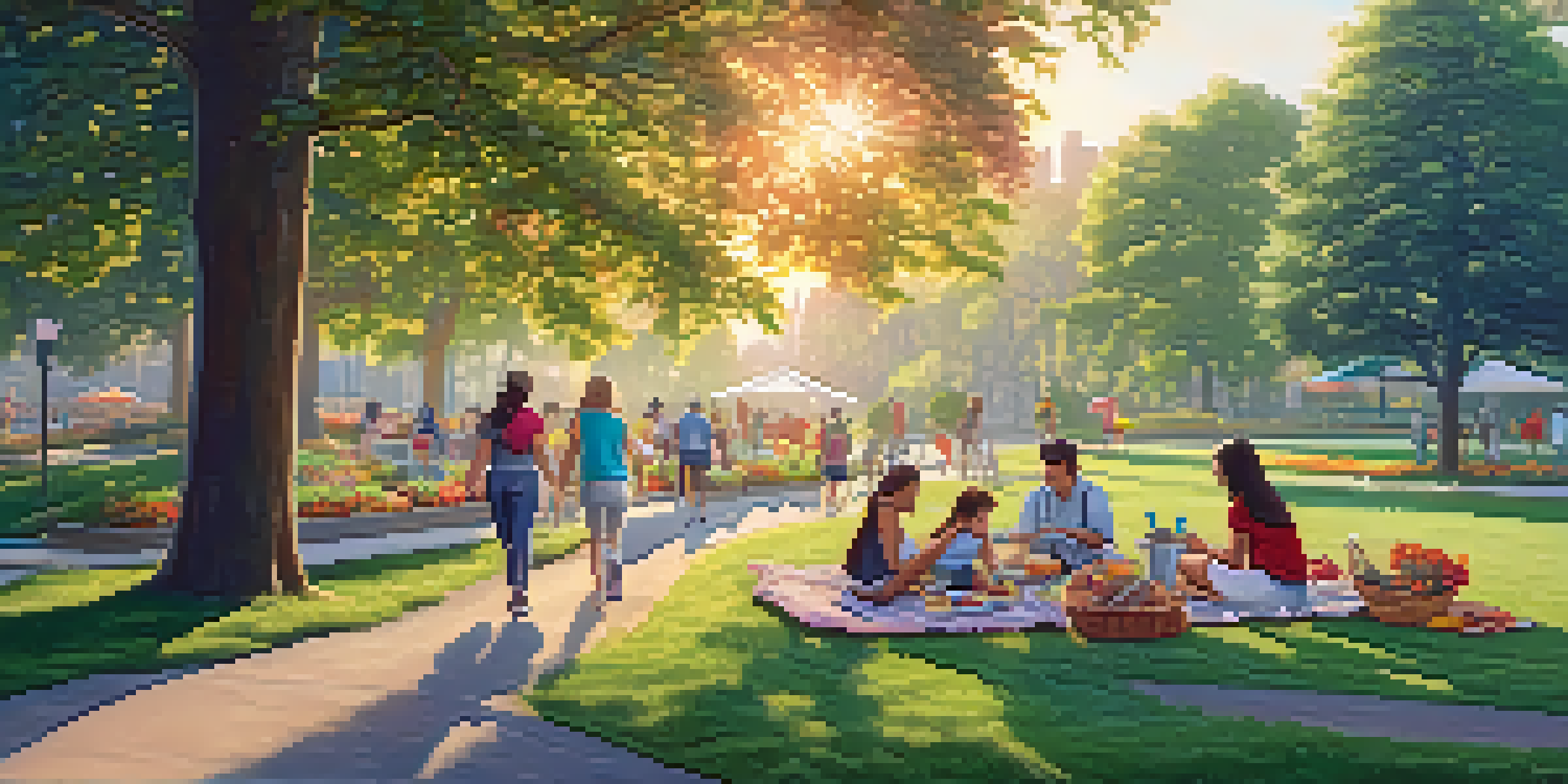 A serene urban park at sunrise with people picnicking, jogging, and painting, surrounded by trees and flowers.