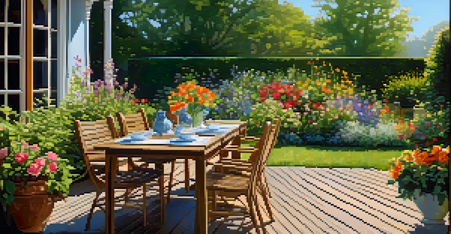 A serene backyard garden with a wooden deck, flowers, and a small dining table.