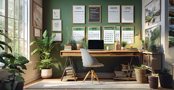 A warm and inviting home office with a wooden desk, laptop, notebooks, and coffee, illuminated by natural light.
