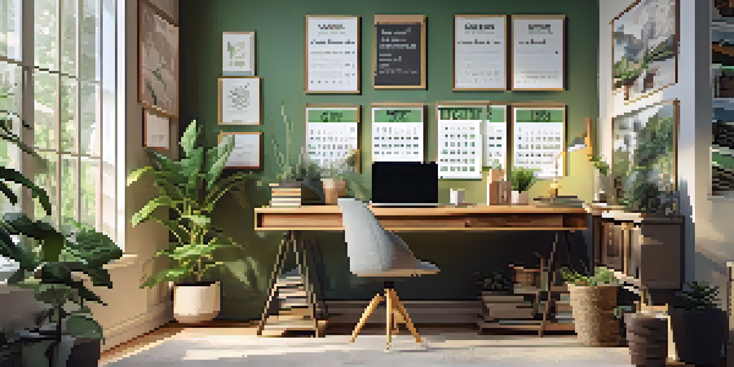 A warm and inviting home office with a wooden desk, laptop, notebooks, and coffee, illuminated by natural light.