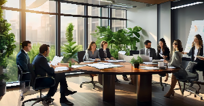A diverse group of professionals in a modern office discussing financial documents and charts during a tax planning meeting.