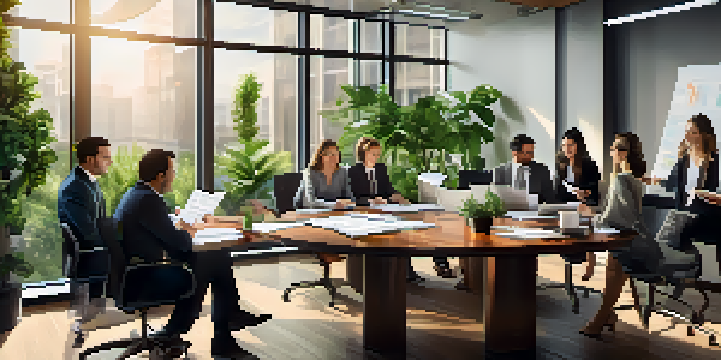 A diverse group of professionals in a modern office discussing financial documents and charts during a tax planning meeting.