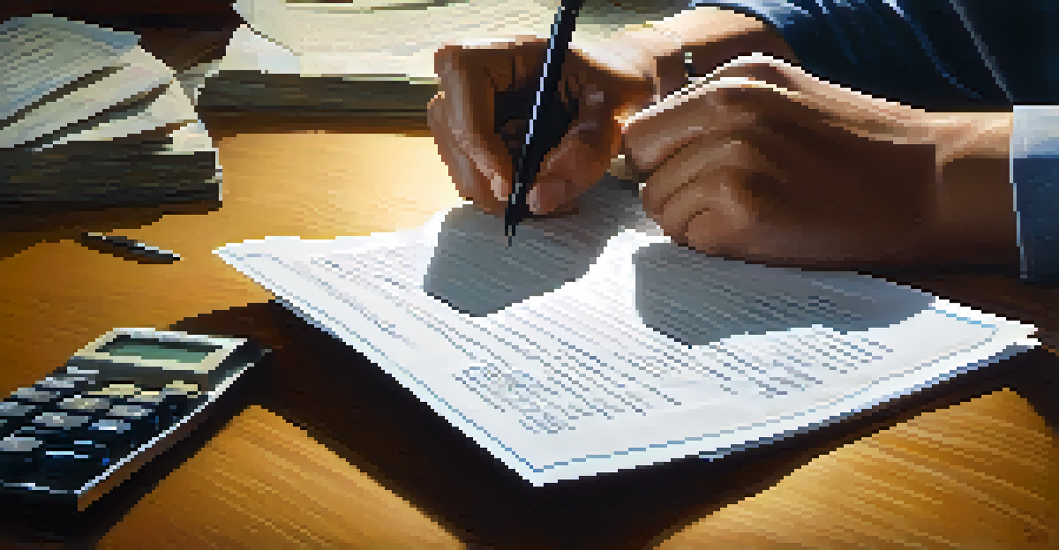A close-up of a hand signing a document to resolve a tax lien, with paperwork and a calculator on the table.