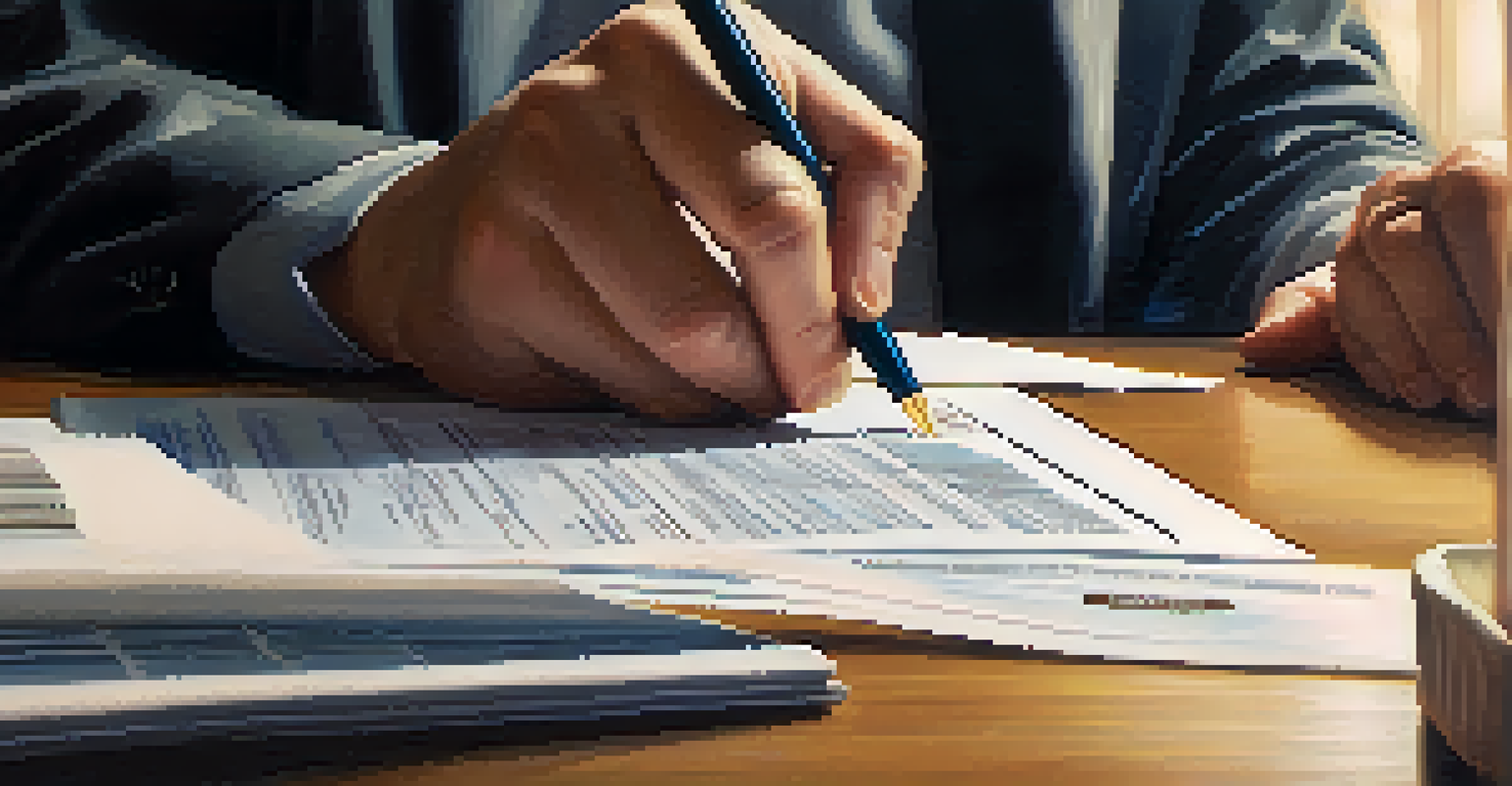Close-up of hands writing on tax forms, with a focused expression and blurred background highlighting the paperwork.