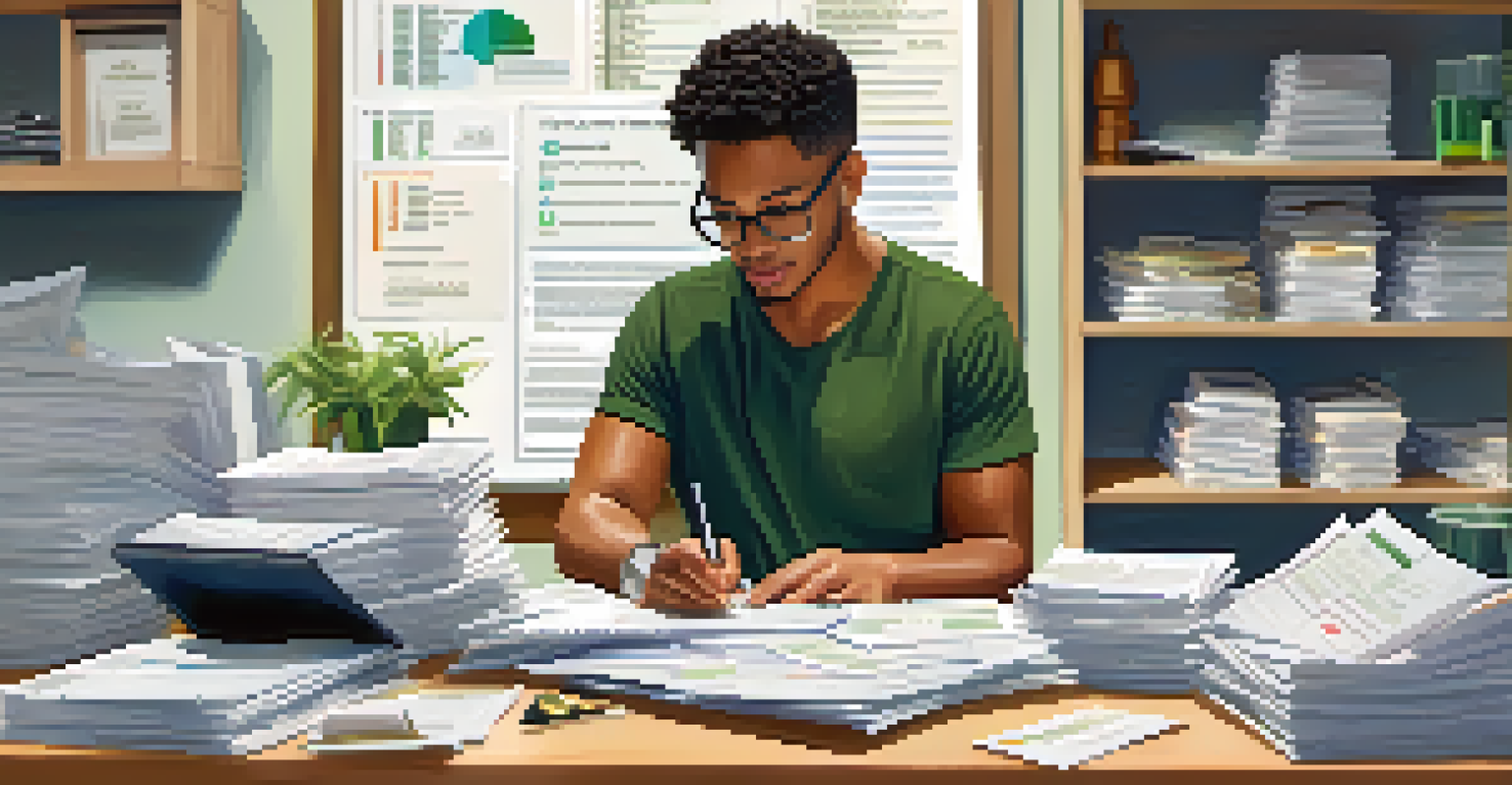 A person organizing financial documents including a tax lien notice at a modern workspace with a laptop.