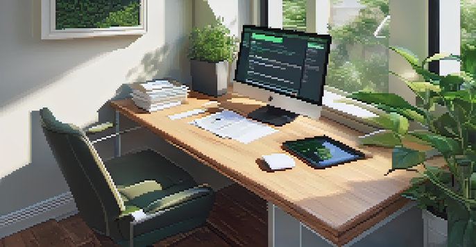 A cozy home office with a wooden desk, financial documents, a laptop with tax software, and a coffee cup, illuminated by soft natural light.