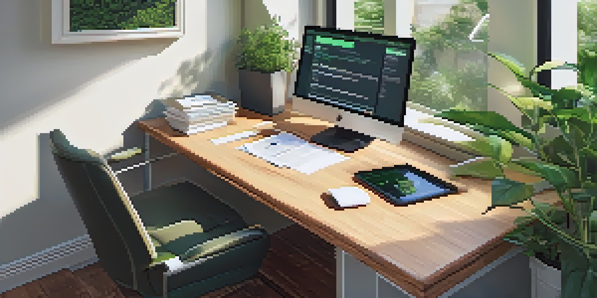 A cozy home office with a wooden desk, financial documents, a laptop with tax software, and a coffee cup, illuminated by soft natural light.