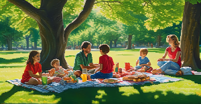 A family enjoying a picnic in a sunny park, with children playing and adults sharing food on colorful blankets.