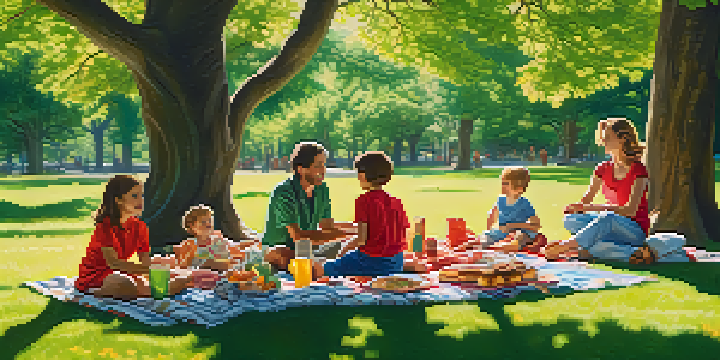 A family enjoying a picnic in a sunny park, with children playing and adults sharing food on colorful blankets.