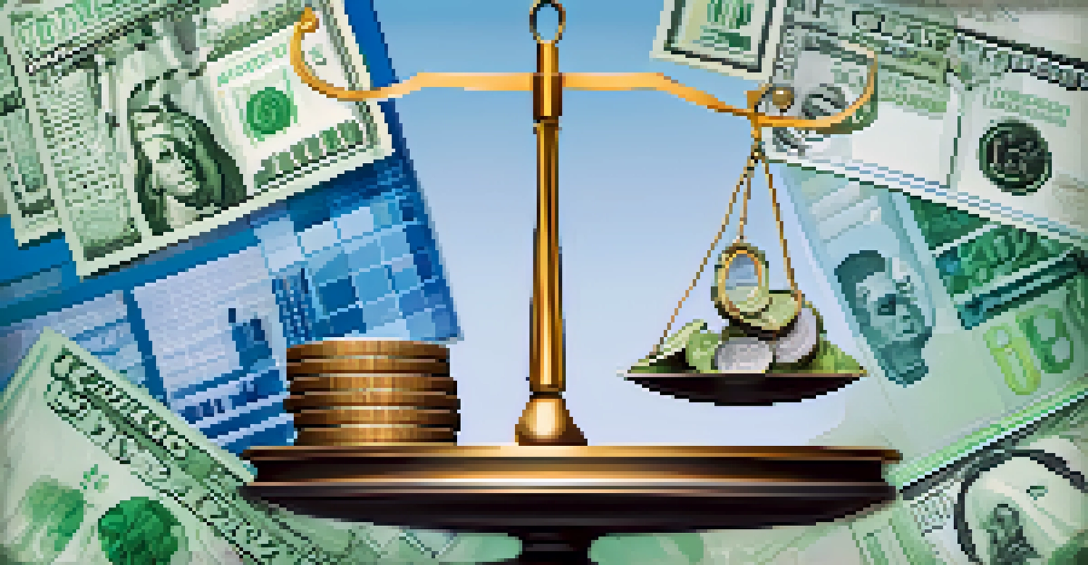 A balance scale weighing coins and a 1099-B form against a background of abstract financial graphs.