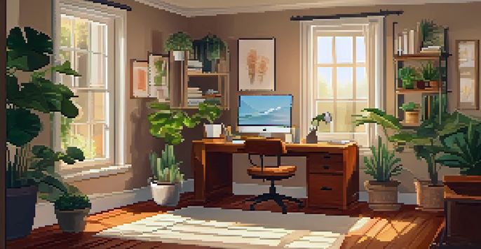 A well-organized home office with a laptop, tax documents, plants, and warm sunlight filtering through the window.