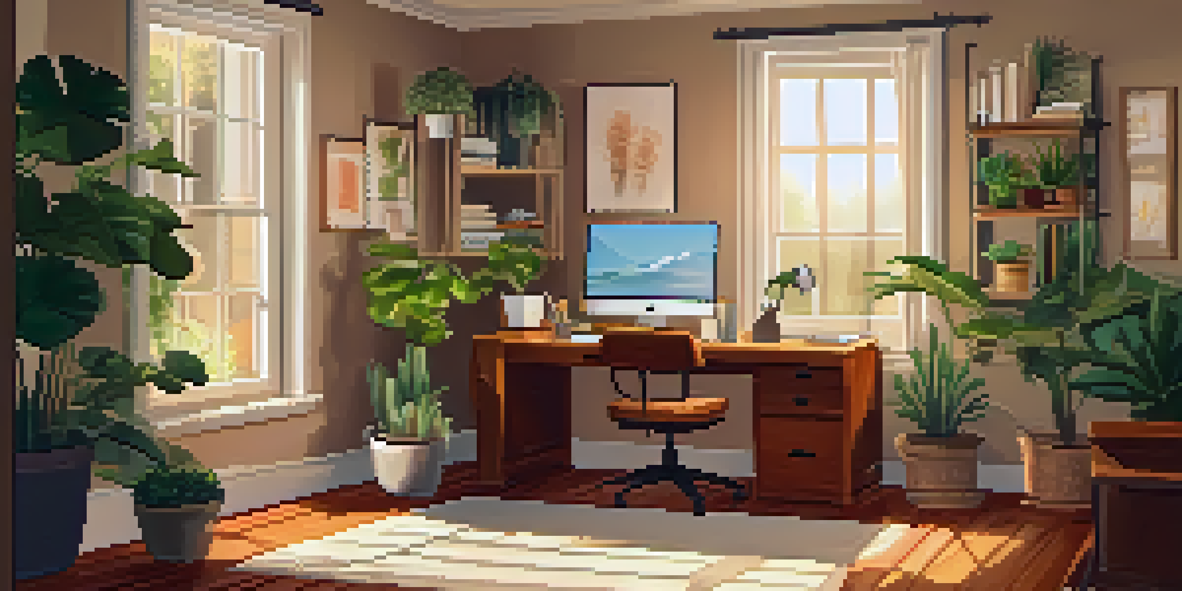 A well-organized home office with a laptop, tax documents, plants, and warm sunlight filtering through the window.