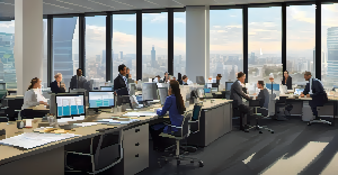 A diverse group of professionals collaborating in an office, reviewing tax compliance documents and using technology, with sunlight pouring in through large windows.