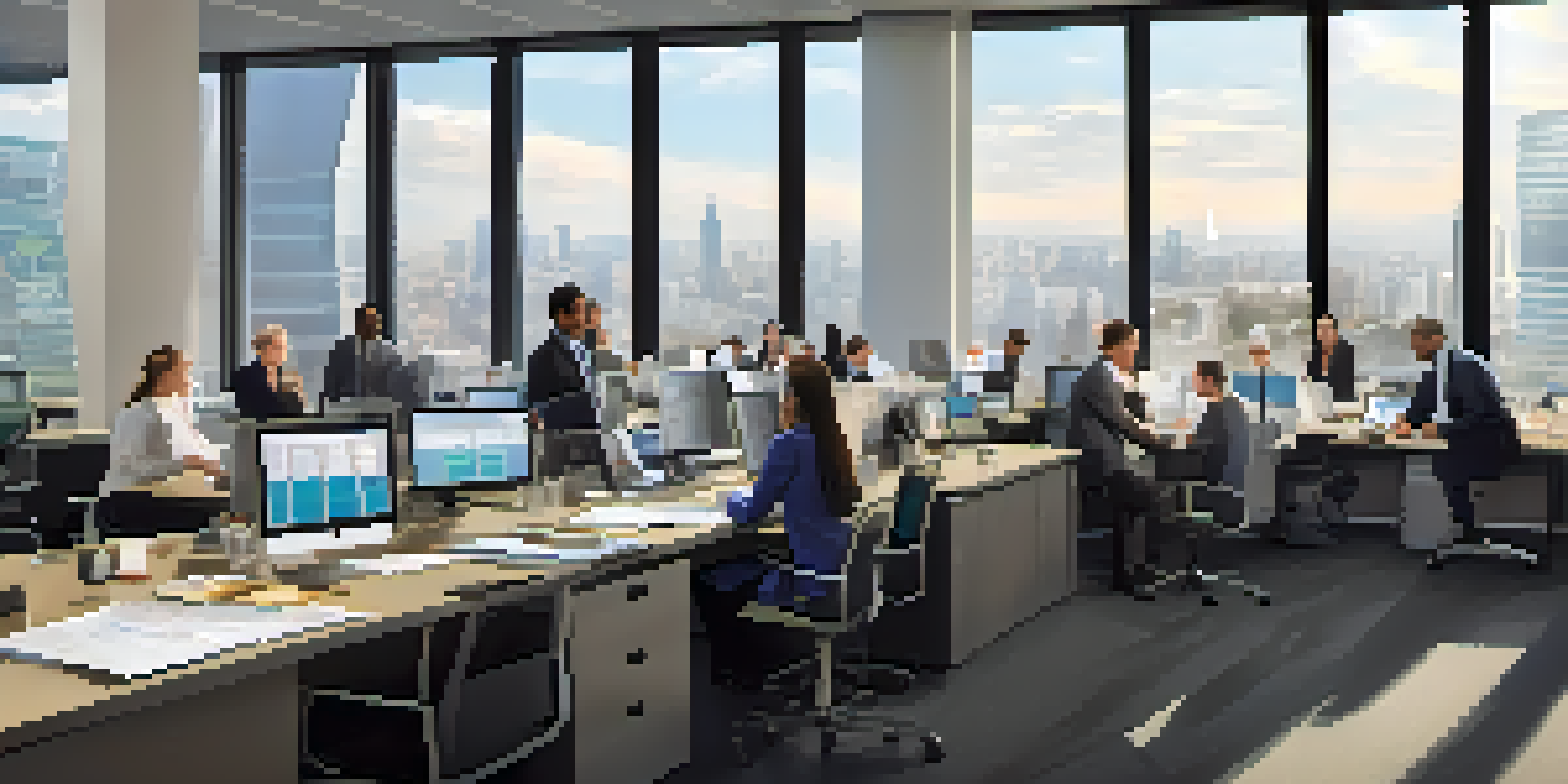 A diverse group of professionals collaborating in an office, reviewing tax compliance documents and using technology, with sunlight pouring in through large windows.