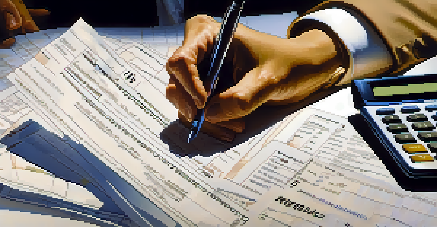 A close-up of a hand writing on a tax form with a calculator and receipts in the background.
