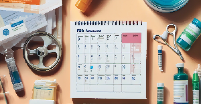 A hand holding an FSA card surrounded by healthcare items like prescription bottles and a stethoscope.