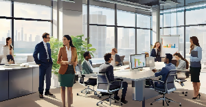 A diverse group of employees in a bright office meeting about employee benefits, with charts on display and natural light coming through windows.