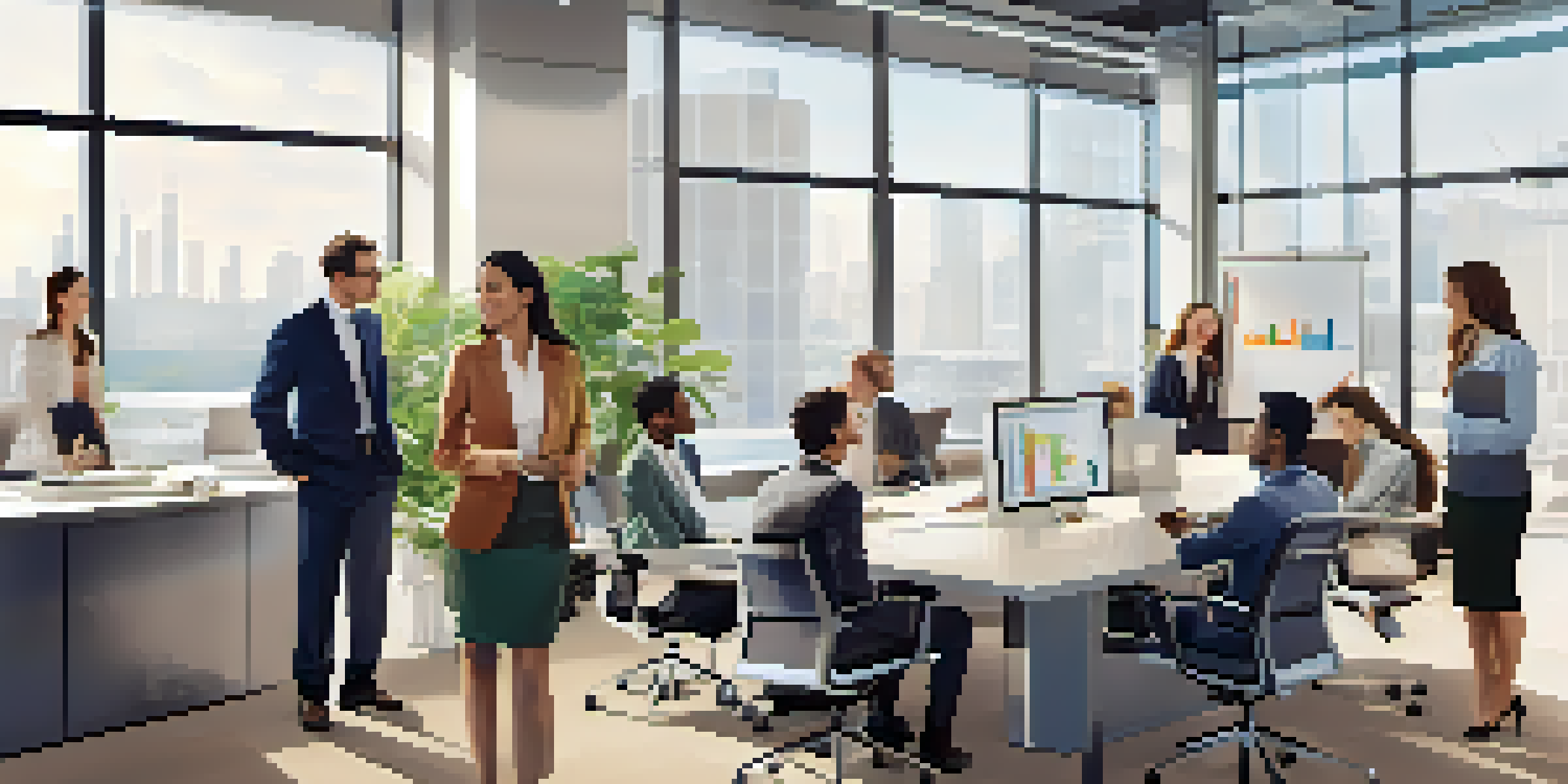 A diverse group of employees in a bright office meeting about employee benefits, with charts on display and natural light coming through windows.