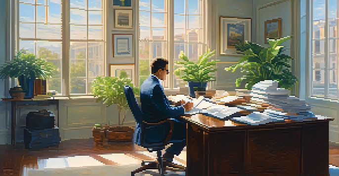 An international tax consultant working in a bright office, with documents and a laptop, and natural light coming through a large window.