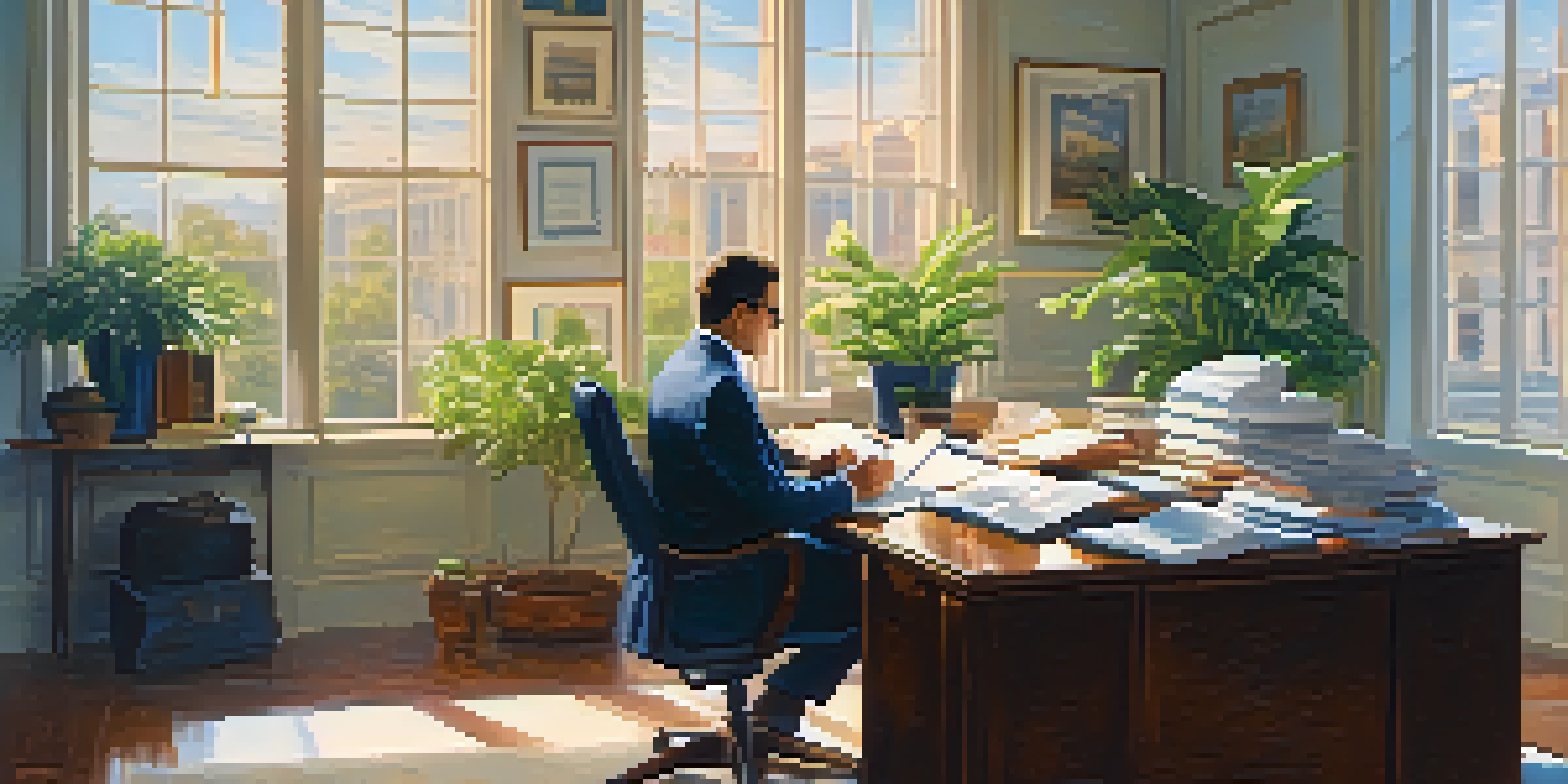 An international tax consultant working in a bright office, with documents and a laptop, and natural light coming through a large window.