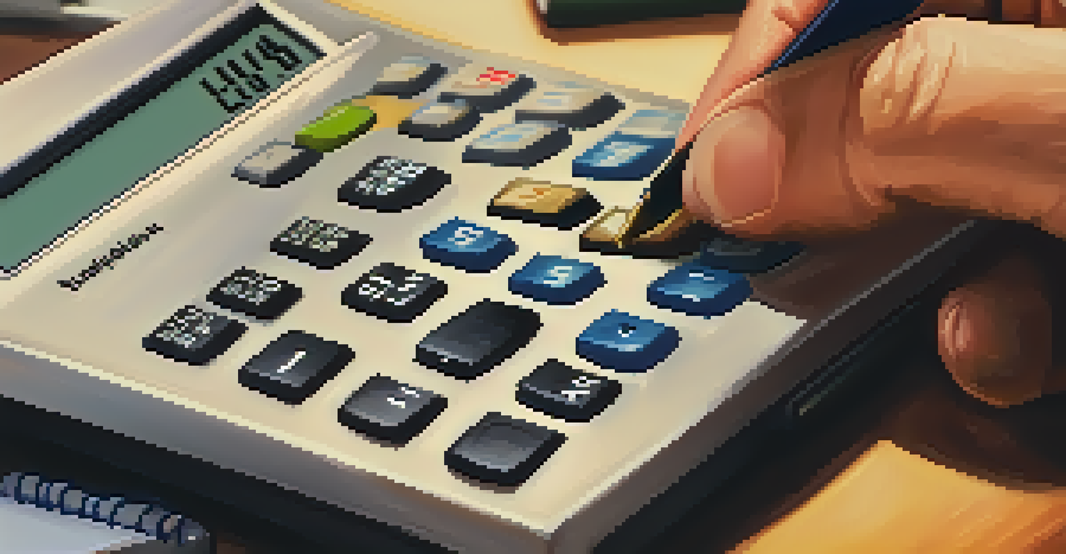 A close-up of a hand using a calculator with notes on employee benefits in a cozy office setting.
