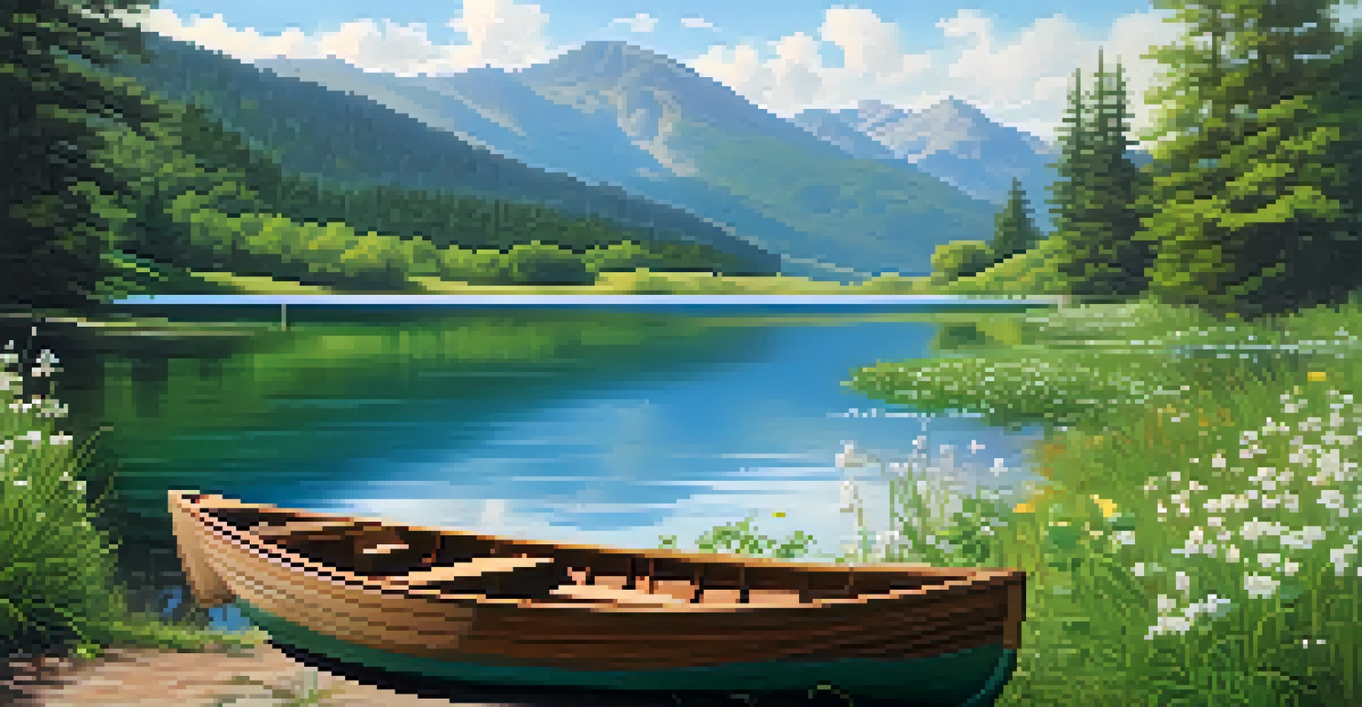 A peaceful lake surrounded by green mountains with blooming wildflowers and a small boat on the water.