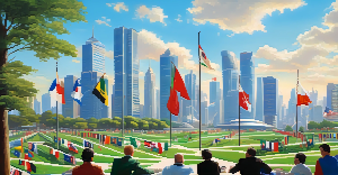A peaceful landscape featuring flags of different countries in the foreground and a modern city skyline in the background, illuminated by sunlight.