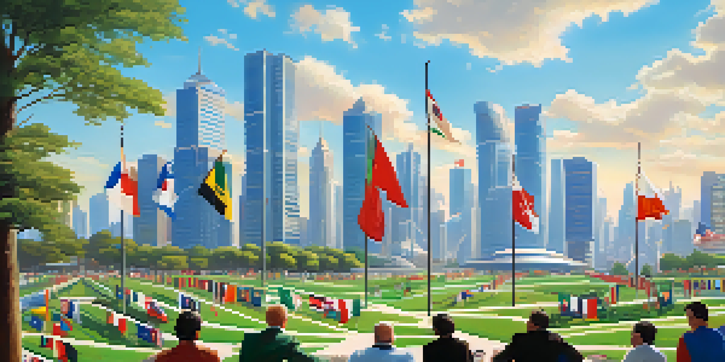 A peaceful landscape featuring flags of different countries in the foreground and a modern city skyline in the background, illuminated by sunlight.
