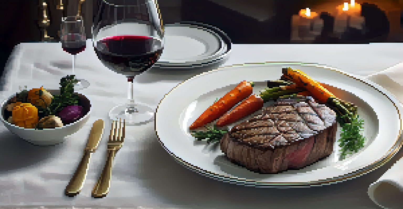 An elegant dining table with a gourmet meal of steak and roasted vegetables, complemented by wine and candlelight.