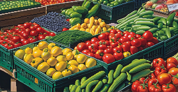 A colorful market with fresh fruits and vegetables on display, creating a lively and inviting atmosphere.