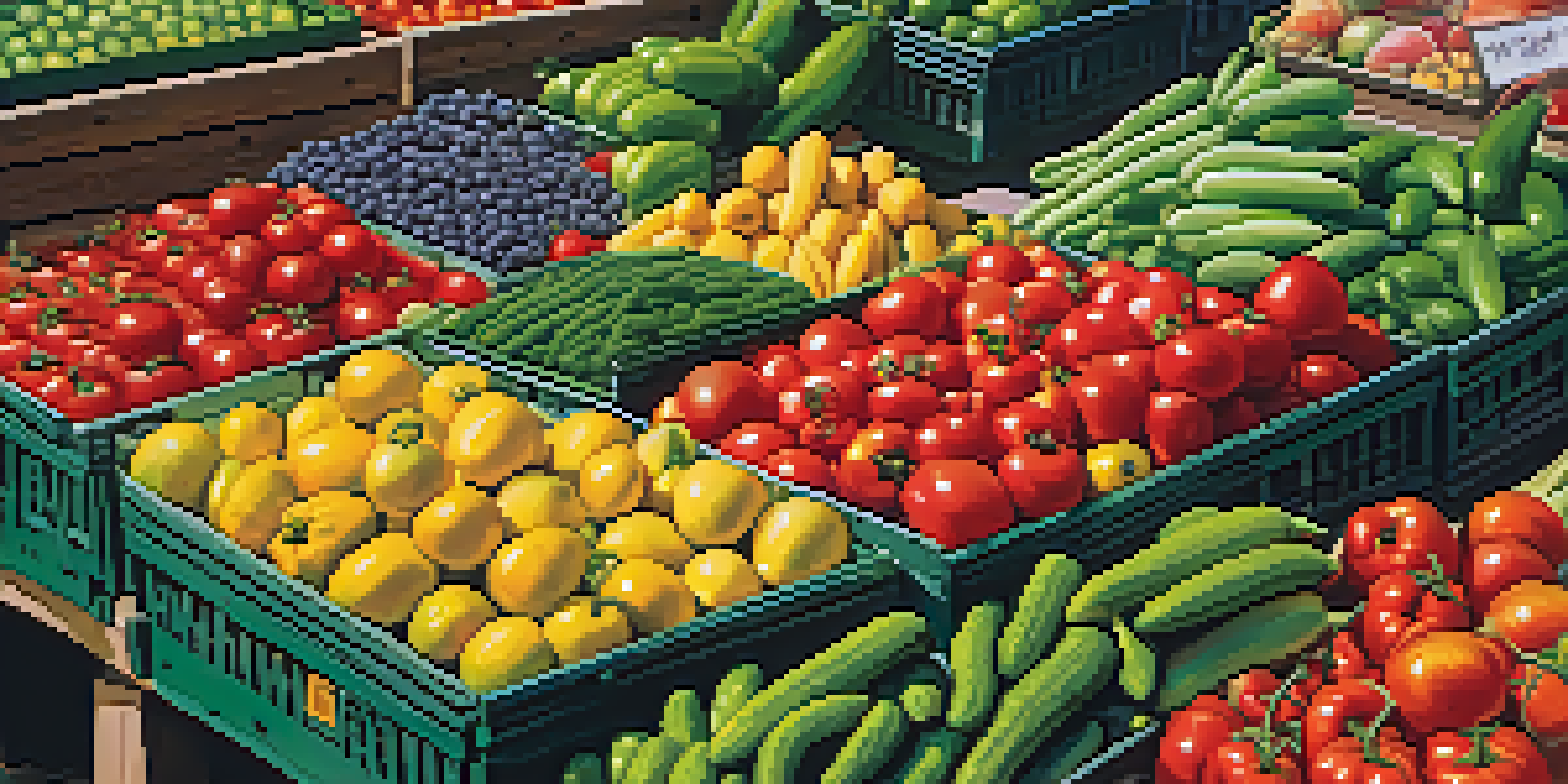 A colorful market with fresh fruits and vegetables on display, creating a lively and inviting atmosphere.