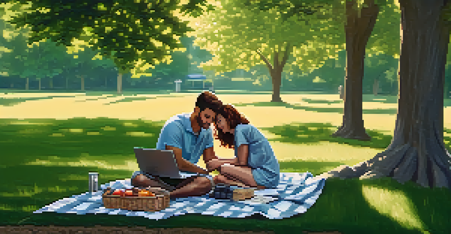 A couple having a picnic in a park, discussing healthcare needs with a laptop open beside them.