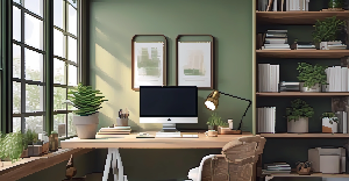 A bright and inviting home office with a wooden desk, laptop, and plants, illuminated by natural light from a large window.