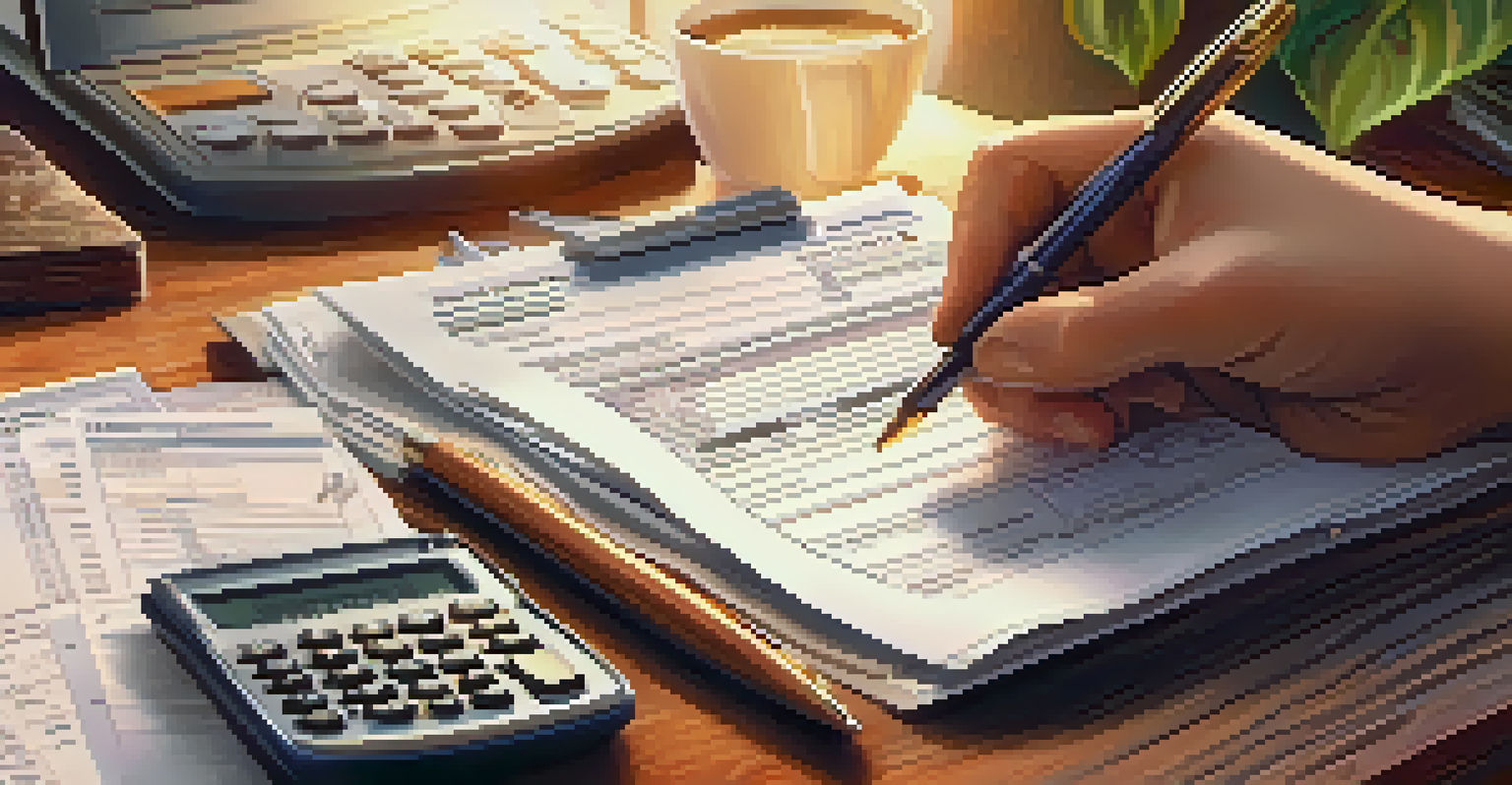 A close-up of a hand writing on a tax form with a calculator and financial documents on a wooden table.