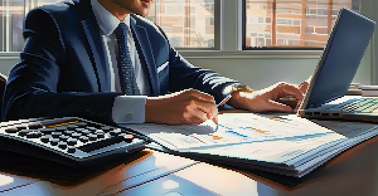 A small business owner reviewing financial documents at a desk with a calculator and laptop, illuminated by soft lighting.
