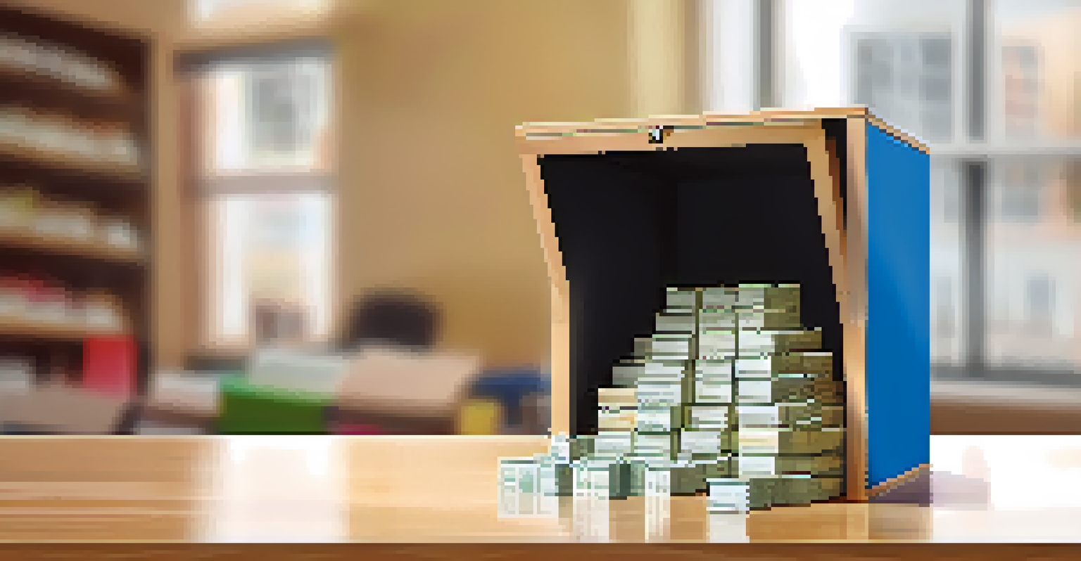 A donation box on a table filled with cash and envelopes for a nonprofit organization.