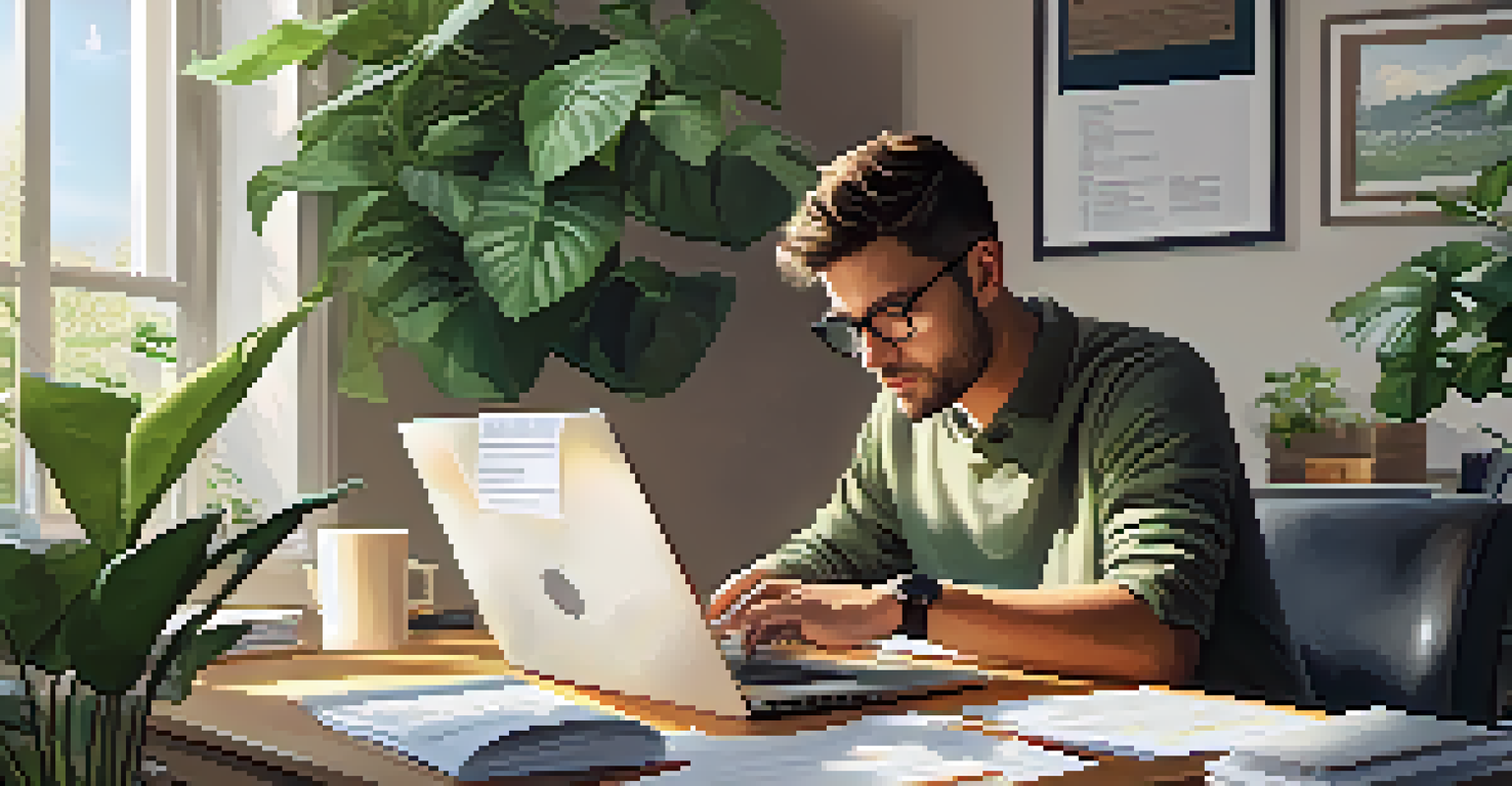 A person reviewing their tax return on a laptop in a bright and plant-filled workspace.