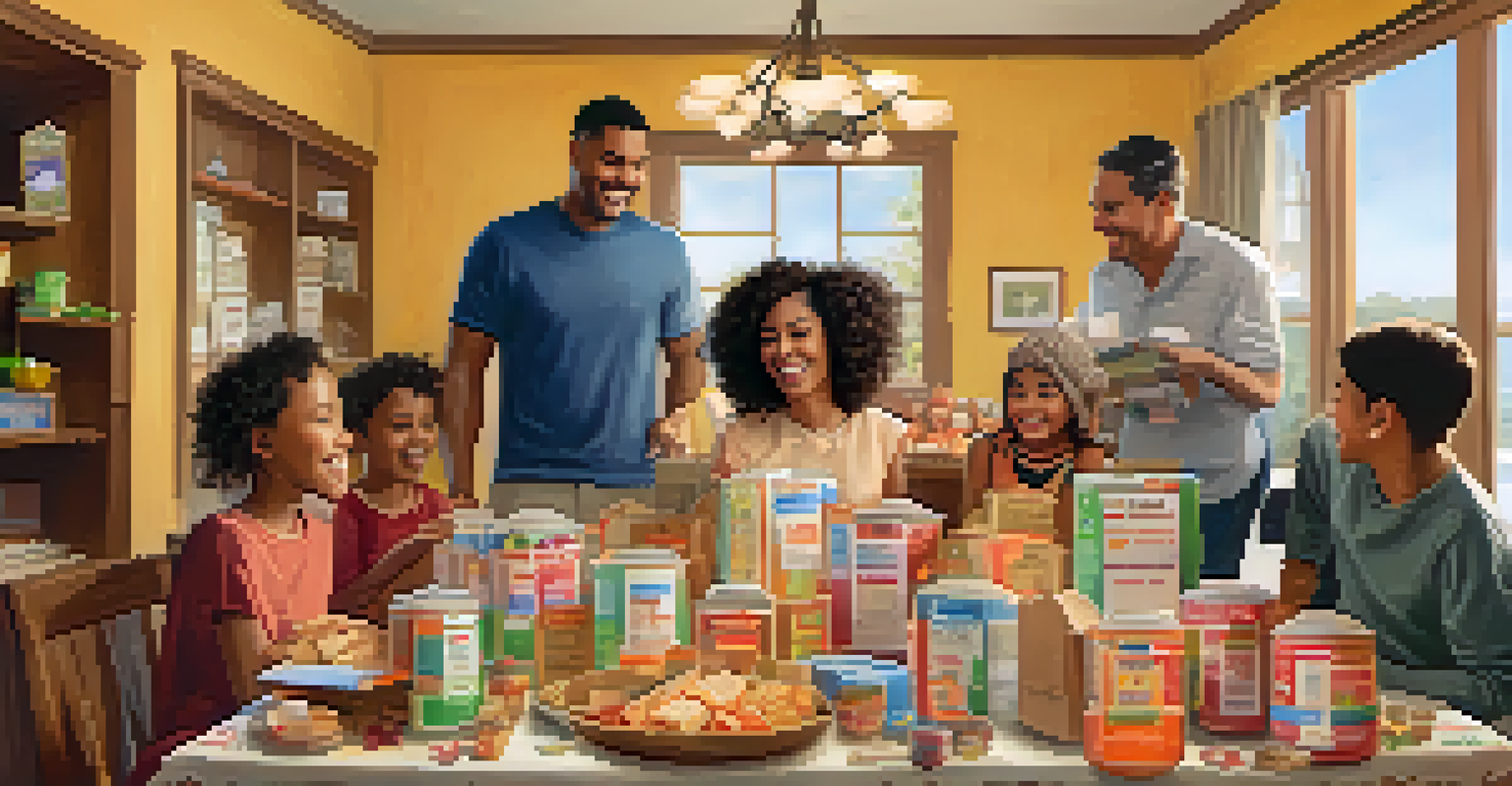 A happy family at a dining table with donation boxes, discussing their charitable giving.