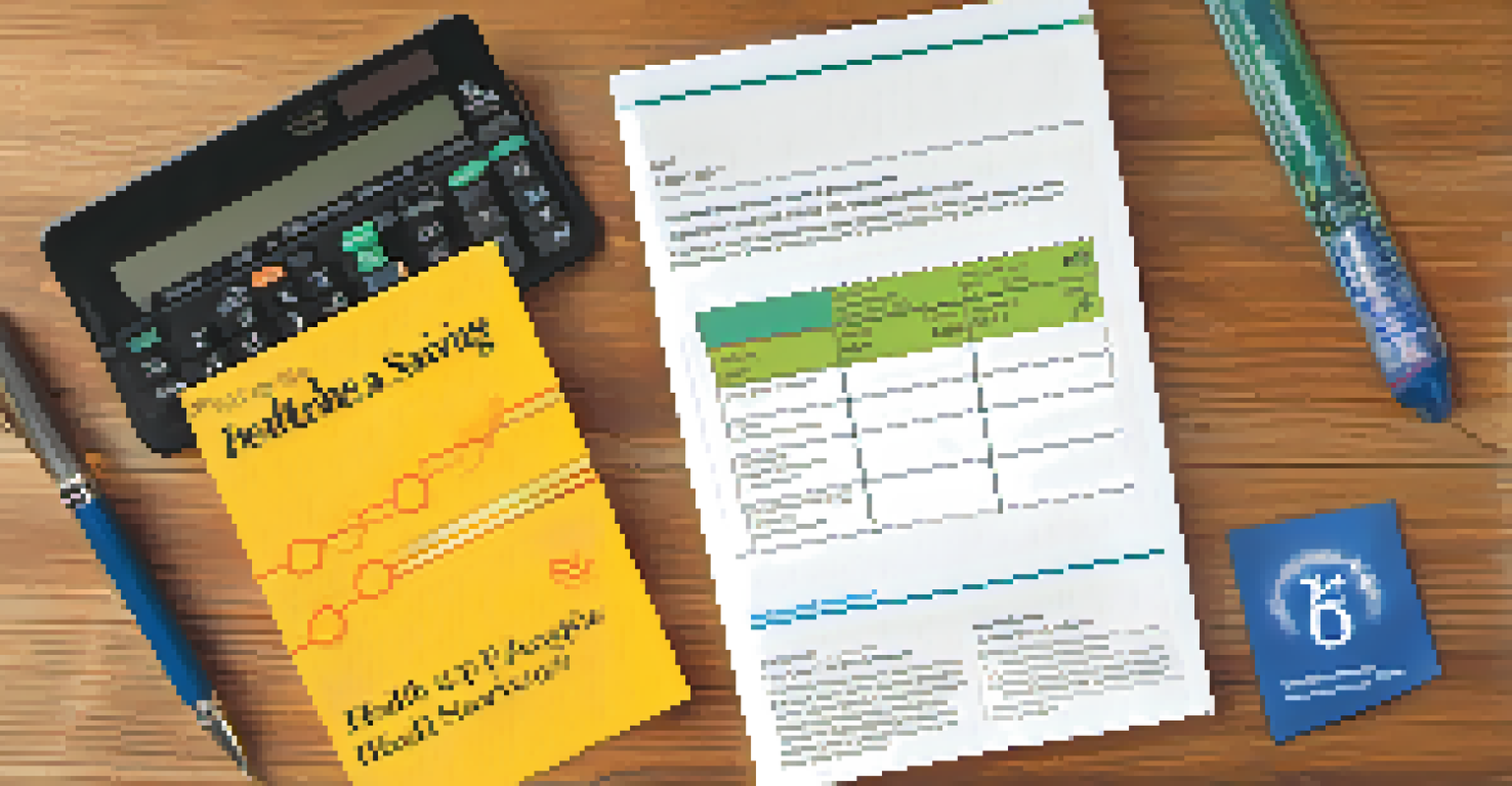A close-up of a Health Savings Account brochure and a calculator on a wooden desk.