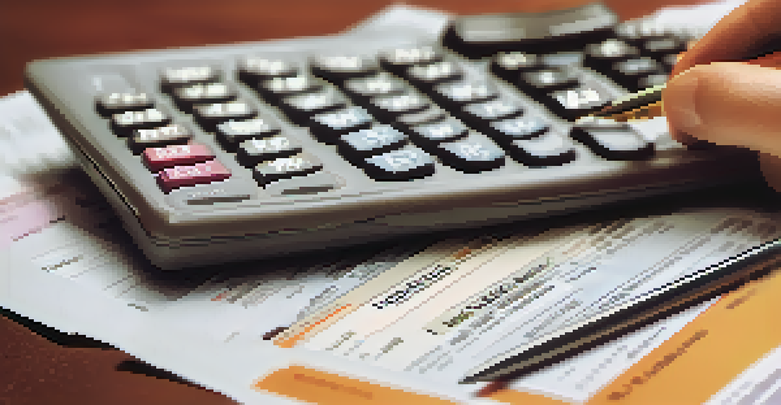 A close-up of a hand holding tax forms and receipts with a calculator and notepad in the background.