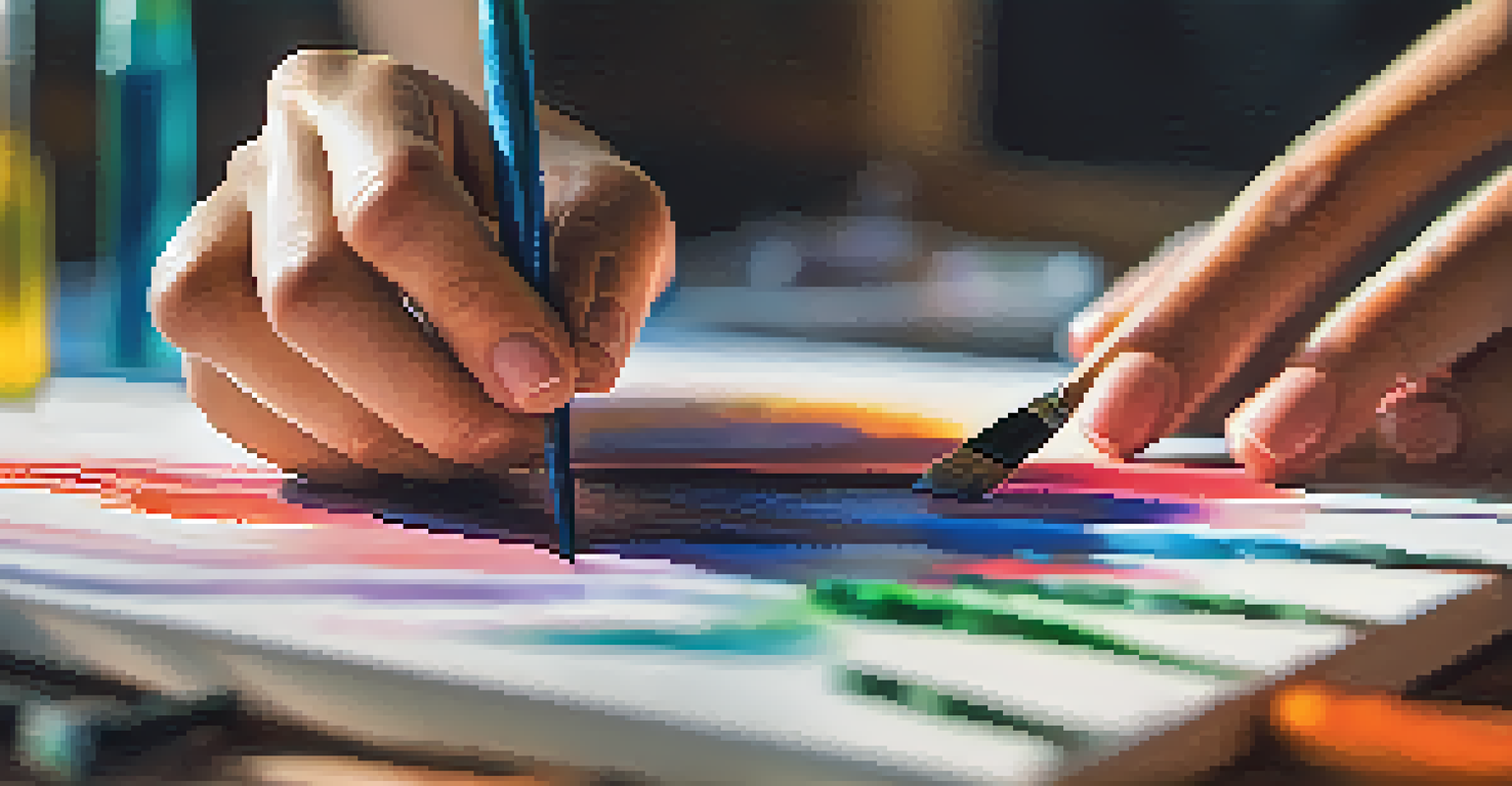 A close-up of a hand holding a paintbrush over a colorful canvas, with a blurred background and soft natural light.