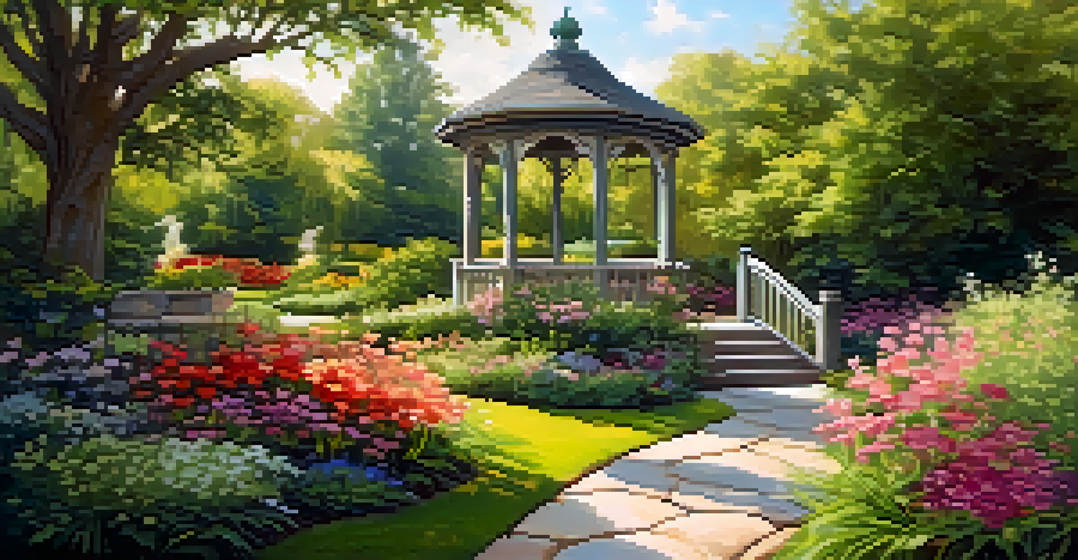 A beautiful garden with a stone path leading to a gazebo surrounded by vibrant flowers.