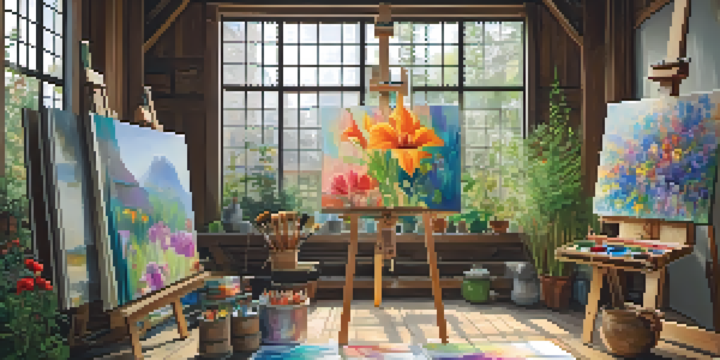 A bright artist's studio with art supplies, canvases, and a garden view.
