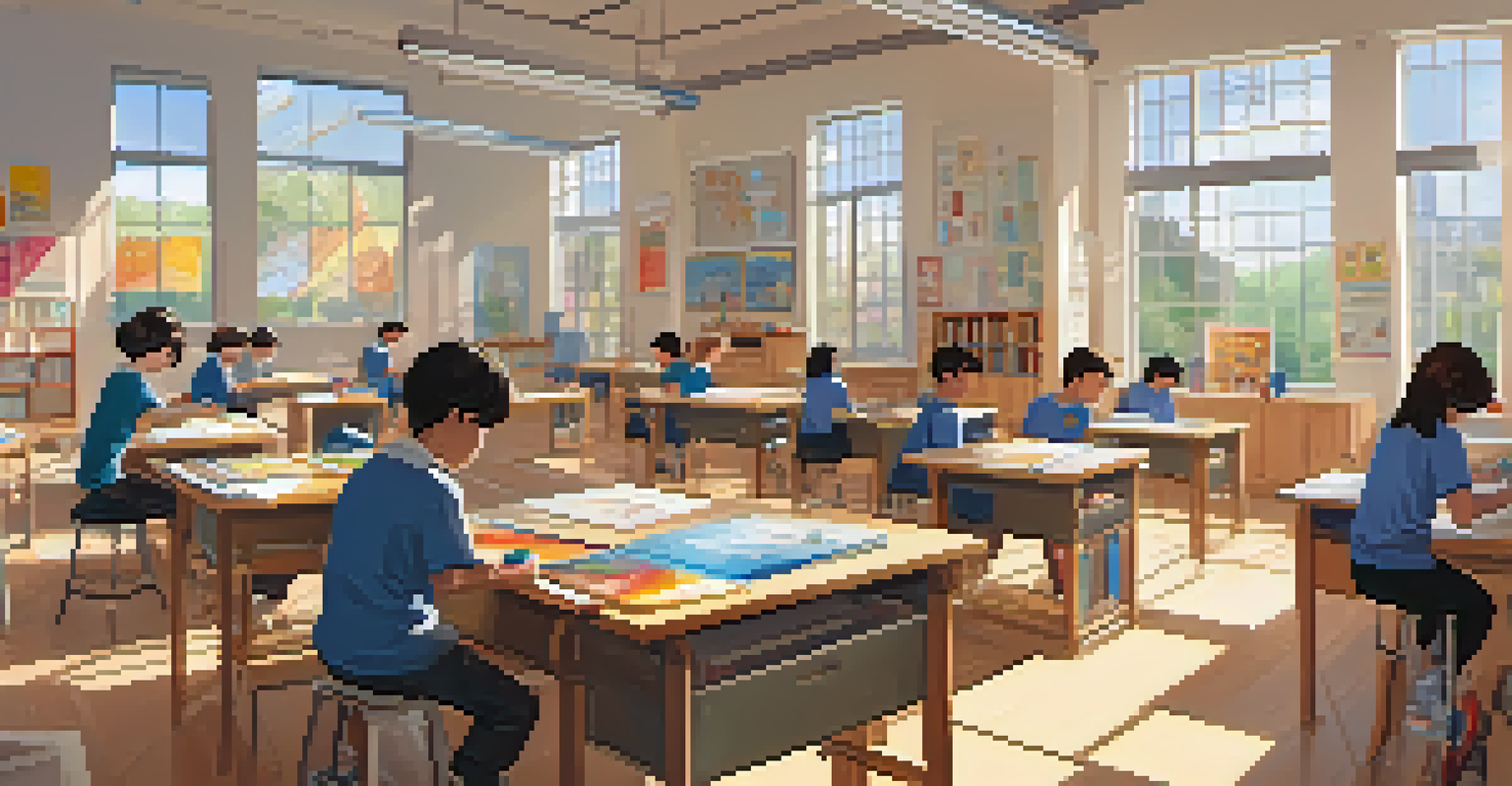 A classroom filled with students working on a hands-on project with art supplies and educational materials, bright and inviting atmosphere.